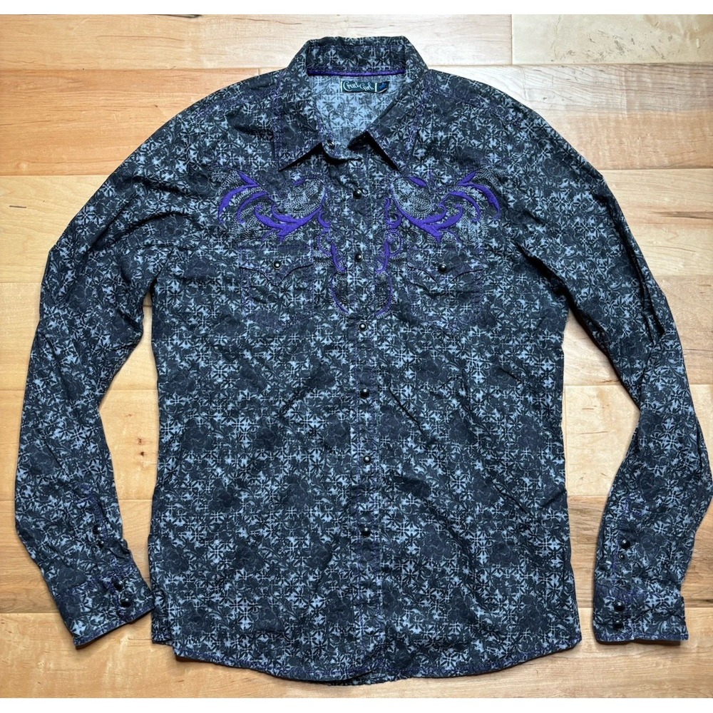 Cruel Girl Western Pearl Snap Shirt Women L Embroidered Black Gray Purple